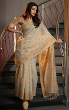 Tantuja Inspired Traditional Floral Nakshi Butta Work Soft Jamdani Saree in Royal Beige, Mustard and Matt Golden