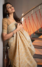 Tantuja Inspired Traditional Floral Nakshi Butta Work Soft Jamdani Saree in Royal Beige, Mustard and Matt Golden