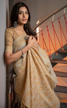 Tantuja Inspired Traditional Floral Nakshi Butta Work Soft Jamdani Saree in Royal Beige, Mustard and Matt Golden