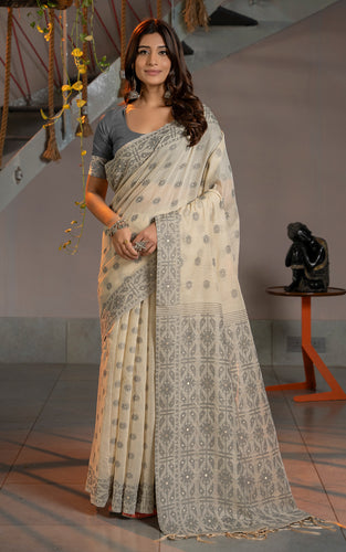 Tantuja Inspired Traditional Floral Nakshi Butta Work Soft Jamdani Saree in Royal Beige, Gray and Matt Golden