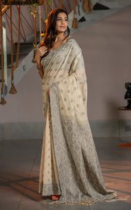 Tantuja Inspired Traditional Floral Nakshi Butta Work Soft Jamdani Saree in Royal Beige, Gray and Matt Golden