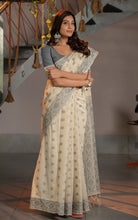 Tantuja Inspired Traditional Floral Nakshi Butta Work Soft Jamdani Saree in Royal Beige, Gray and Matt Golden