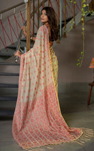 Tantuja Inspired Traditional Floral Nakshi Butta Work Soft Jamdani Saree in Royal Beige, Pastel Pink and Matt Golden