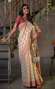 Tantuja Inspired Traditional Floral Nakshi Butta Work Soft Jamdani Saree in Royal Beige, Pastel Pink and Matt Golden