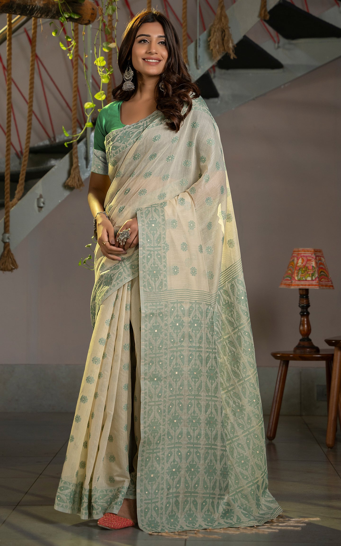 Tantuja Inspired Traditional Floral Nakshi Butta Work Soft Jamdani Saree in Royal Beige, Sage Green and Matt Golden