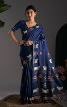 Soft Cotton Jamdani Saree in –  Midnight Navy Blue with Artistic Nandi & Lotus Woven Motifs