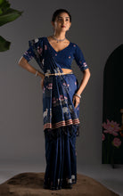 Soft Cotton Jamdani Saree in –  Midnight Navy Blue with Artistic Nandi & Lotus Woven Motifs