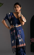 Soft Cotton Jamdani Saree in –  Midnight Navy Blue with Artistic Nandi & Lotus Woven Motifs