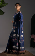 Soft Cotton Jamdani Saree in –  Midnight Navy Blue with Artistic Nandi & Lotus Woven Motifs