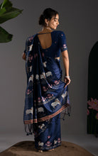 Soft Cotton Jamdani Saree in –  Midnight Navy Blue with Artistic Nandi & Lotus Woven Motifs