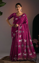 Soft Cotton Jamdani Saree in –  Royal Purple with Artistic Nandi & Lotus Woven Motifs