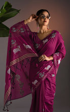 Soft Cotton Jamdani Saree in –  Royal Purple with Artistic Nandi & Lotus Woven Motifs