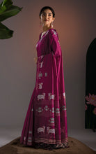 Soft Cotton Jamdani Saree in –  Royal Purple with Artistic Nandi & Lotus Woven Motifs