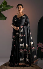 Soft Cotton Jamdani Saree – Black with Artistic Nandi & Lotus Motifs