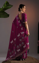 Soft Cotton Jamdani Saree in –  Royal Purple with Artistic Nandi & Lotus Woven Motifs