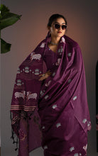 Soft Cotton Jamdani Saree – Royal Plum with Artistic Nandi & Lotus Woven Motifs