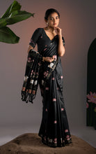 Soft Cotton Jamdani Saree – Black with Artistic Nandi & Lotus Motifs