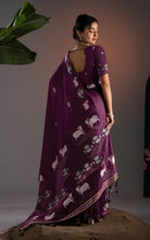 Soft Cotton Jamdani Saree – Royal Plum with Artistic Nandi & Lotus Woven Motifs