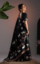 Soft Cotton Jamdani Saree – Black with Artistic Nandi & Lotus Motifs
