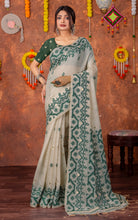 Tantuja Inspired Traditional Karat Needle Nakshi Jaal Work Soft Jamdani Saree in Beige, Deep Green and Matte Golden