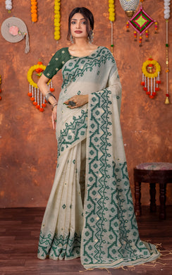 Tantuja Inspired Traditional Karat Needle Nakshi Jaal Work Soft Jamdani Saree in Beige, Deep Green and Matte Golden