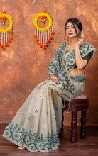 Tantuja Inspired Traditional Karat Needle Nakshi Jaal Work Soft Jamdani Saree in Beige, Deep Green and Matte Golden