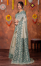 Tantuja Inspired Traditional Karat Needle Nakshi Jaal Work Soft Jamdani Saree in Beige, Deep Green and Matte Golden