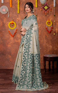 Tantuja Inspired Traditional Karat Needle Nakshi Jaal Work Soft Jamdani Saree in Beige, Deep Green and Matte Golden
