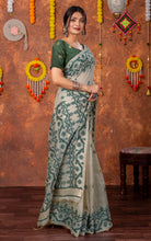 Tantuja Inspired Traditional Karat Needle Nakshi Jaal Work Soft Jamdani Saree in Beige, Deep Green and Matte Golden