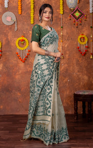 Tantuja Inspired Traditional Karat Needle Nakshi Jaal Work Soft Jamdani Saree in Beige, Deep Green and Matte Golden