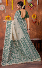 Tantuja Inspired Traditional Karat Needle Nakshi Jaal Work Soft Jamdani Saree in Beige, Deep Green and Matte Golden