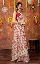 Tantuja Inspired Traditional Karat Needle Nakshi Jaal Work Soft Jamdani Saree in Beige, Red and Matte Golden 