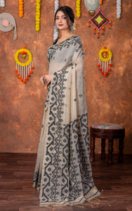 Tantuja Inspired Traditional Karat Needle Nakshi Jaal Work Soft Jamdani Saree in Beige, Black and Matte Golden 