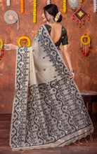 Tantuja Inspired Traditional Karat Needle Nakshi Jaal Work Soft Jamdani Saree in Beige, Black and Matte Golden 
