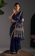 Soft Cotton Jamdani Saree with Golden Lotus Pallu & Blouse Piece - Midnight Navy Blue