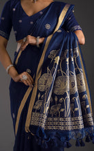 Soft Cotton Jamdani Saree with Golden Lotus Pallu & Blouse Piece - Midnight Navy Blue