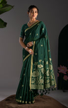 Soft Cotton Jamdani Saree with Golden Lotus Pallu & Blouse Piece - Emerald Bottle Green