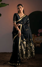 Soft Cotton Jamdani Saree with Golden Lotus Pallu & Blouse Piece - Midnight Black