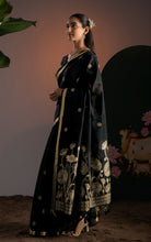 Soft Cotton Jamdani Saree with Golden Lotus Pallu & Blouse Piece - Midnight Black
