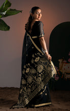 Soft Cotton Jamdani Saree with Golden Lotus Pallu & Blouse Piece - Midnight Black