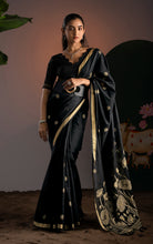 Soft Cotton Jamdani Saree with Golden Lotus Pallu & Blouse Piece - Midnight Black