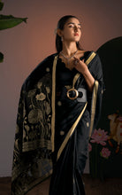 Soft Cotton Jamdani Saree with Golden Lotus Pallu & Blouse Piece - Midnight Black