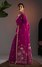 Soft Cotton Jamdani Saree with Golden Lotus Pallu & Blouse Piece - Magenta Pink