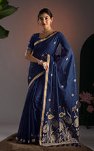 Soft Cotton Jamdani Saree with Golden Lotus Pallu & Blouse Piece - Midnight Navy Blue