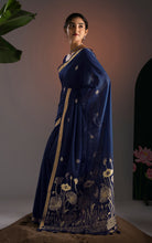 Soft Cotton Jamdani Saree with Golden Lotus Pallu & Blouse Piece - Midnight Navy Blue