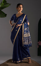 Soft Cotton Jamdani Saree with Golden Lotus Pallu & Blouse Piece - Midnight Navy Blue