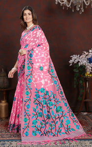 Tantuja Inspired Traditional Woven Floral Nakshi Soft Jamdani Saree in Pink, Off White, Blue and Multicolored