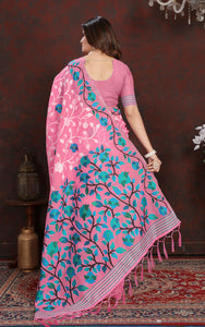 Tantuja Inspired Traditional Woven Floral Nakshi Soft Jamdani Saree in Pink, Off White, Blue and Multicolored