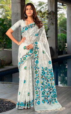 Tantuja Inspired Traditional Woven Floral Nakshi Soft Jamdani Saree in White, Green, Blue and Multicolored
