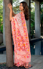 Tantuja Inspired Traditional Woven Floral Nakshi Soft Jamdani Saree in Peach, Off White, Dark Red and Multicolored